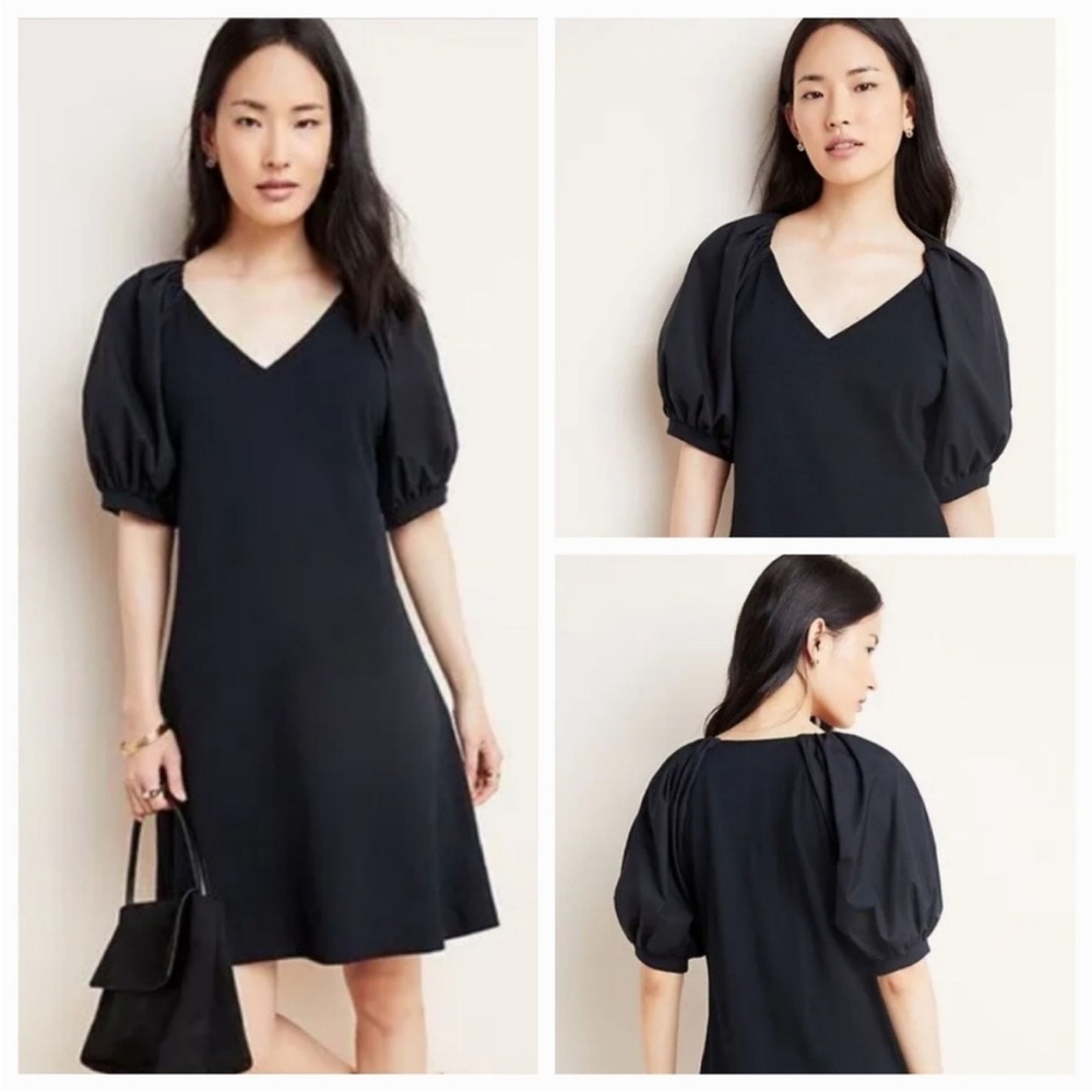 Maeve by Anthropologie‎ Annika Knit Puff Sleeve Midi V-Neck Dress Black Size M